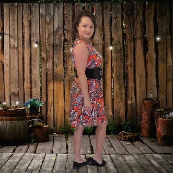 Apt 9 Paisley Dress Orange Coral Aqua Stretchy Pockets Loose Fit Casual D5 - Picture 11 of 13